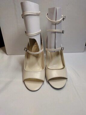 Vince Camuto Womens Off White Leather Multi Strap Peep Toe Stiletto Heels Sz 9.5